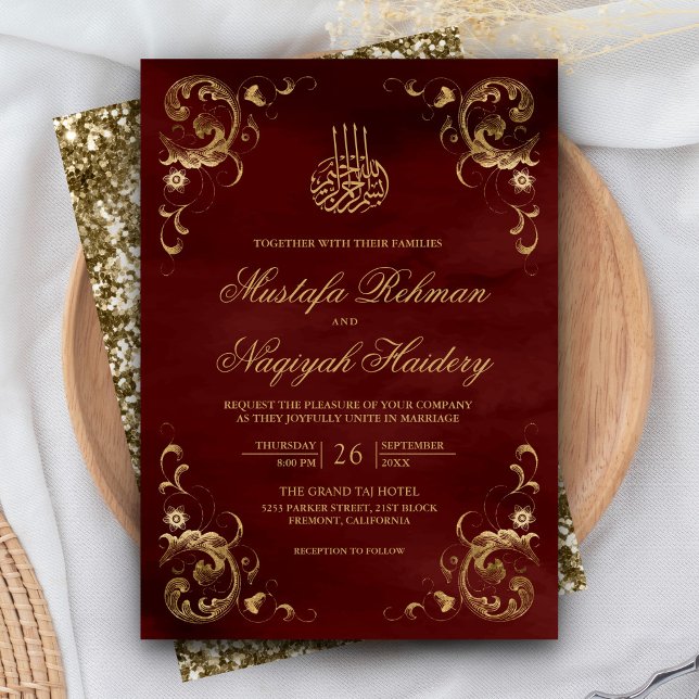 Antique Gold Frame Burgundy Red Islamic Wedding Invitation (Creator Uploaded)