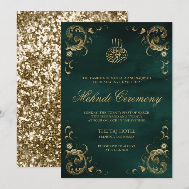 Antique Gold Frame Emerald Green Islamic Mehndi Invitation (Front/Back)