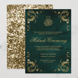 Antique Gold Frame Emerald Green Islamic Mehndi Invitation