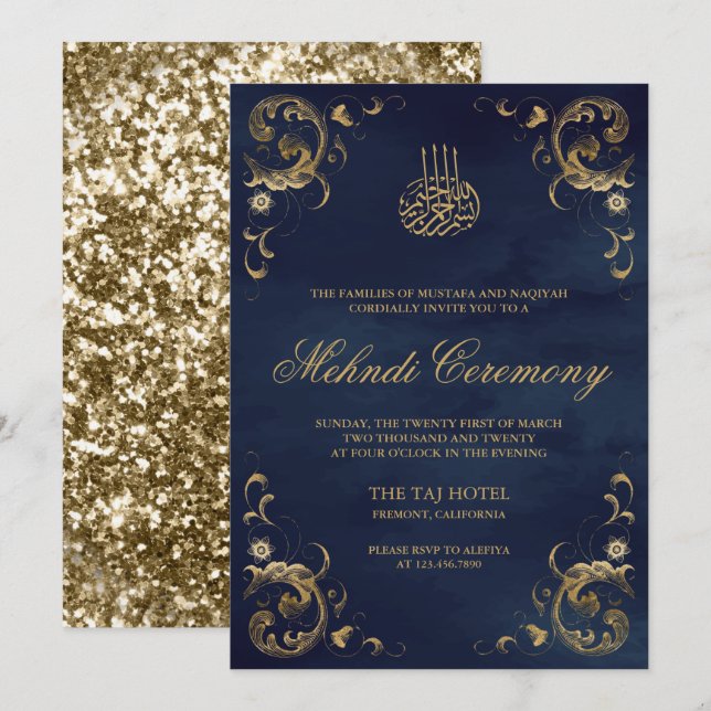 Antique Gold Frame Navy Blue Islamic Mehndi Invitation (Front/Back)
