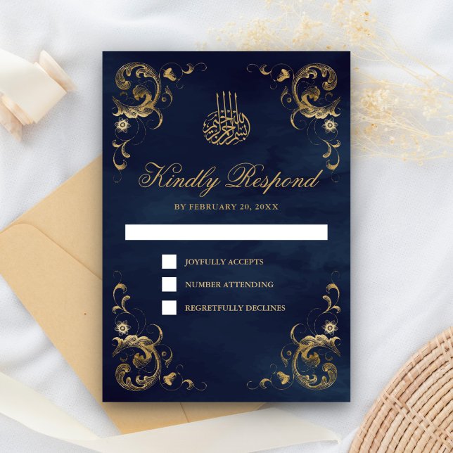 Antique Gold Frame Navy Blue Islamic Wedding RSVP Card (Creator Uploaded)