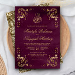 Antique Gold Frame Plum Purple Islamic Wedding Invitation<br><div class="desc">Amaze your guests with this Islamic style wedding invite featuring a delicate vintage frame and 'Bismillah' in Arabic calligraphy. Simply add your event details on this easy-to-use template to make it a one-of-a-kind invitation.</div>