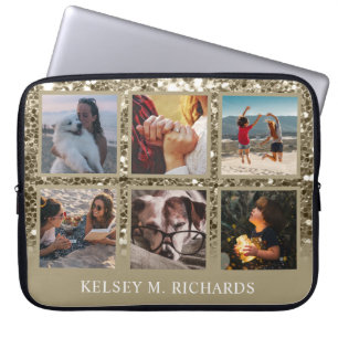 Antique Gold Glitter 6 Photo Collage with Name Laptop Sleeve