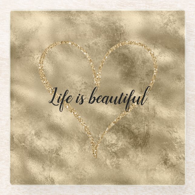 Antique Gold Glitter Heart       Glass Coaster (Front)