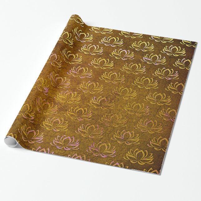 Antique Gold Lotus Flower Pattern Wrapping Paper (Unrolled)