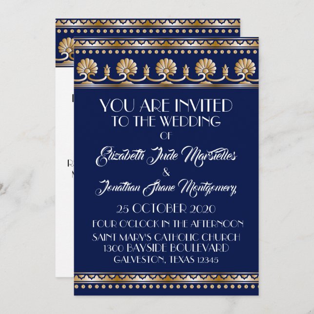 Antique Gold Lovely Blue Wedding - Formal Event Invitation (Front/Back)