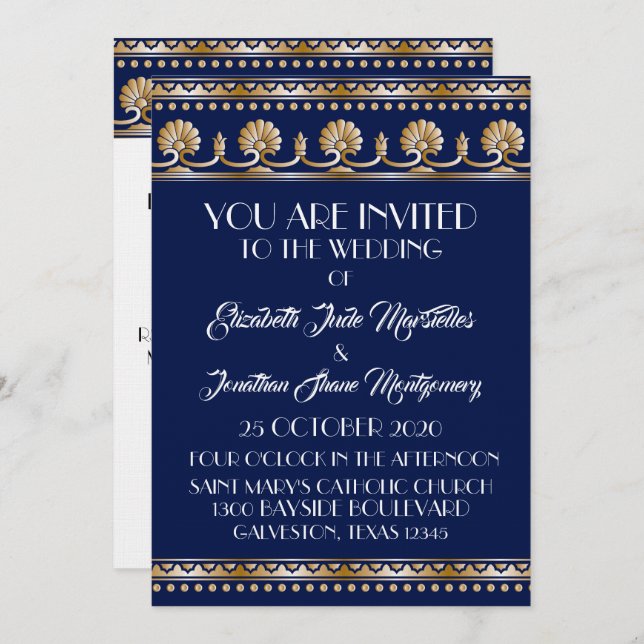 Antique Gold Lovely Blue Wedding - Formal Event Invitation (Front/Back)