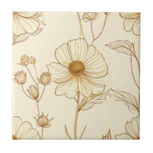 Antique Gold Magnolia Flowers on Cream Vintage Tile
