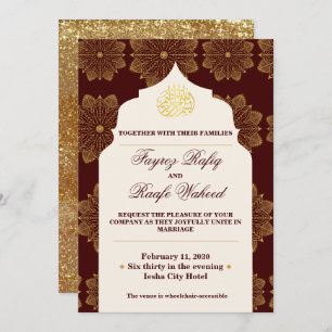 Antique Gold Mandalas Burgundy Red Islamic Wedding Invitation