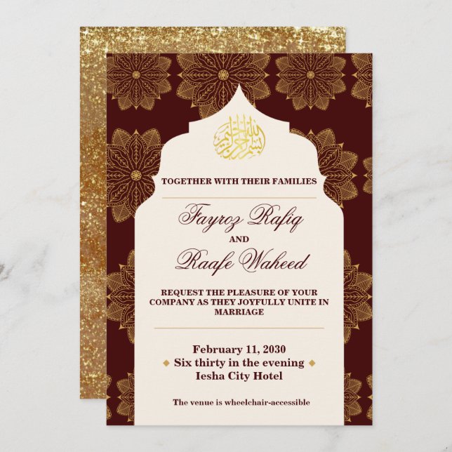 Antique Gold Mandalas Burgundy Red Islamic Wedding Invitation (Front/Back)