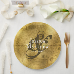 Antique Gold Metallic Old Map Wedding Paper Plate