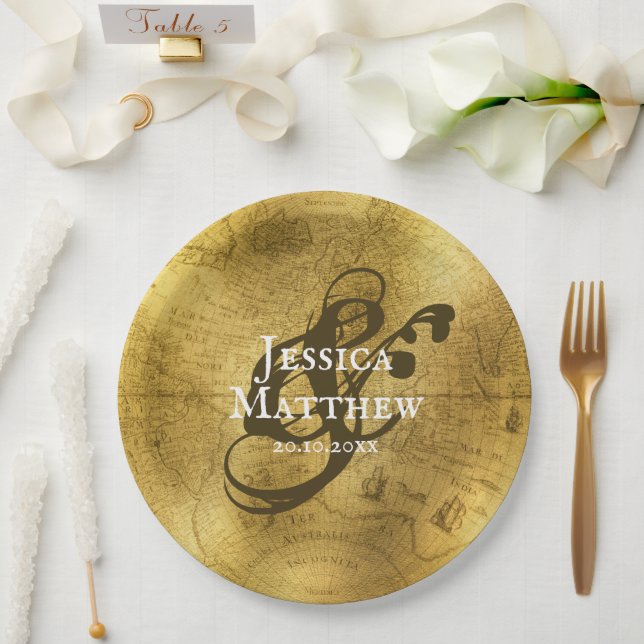 Antique Gold Metallic Old Map Wedding  Paper Plate (Wedding)
