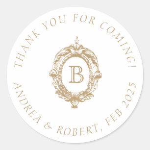 Antique Gold Monogram Crest Wedding Classic Round Sticker