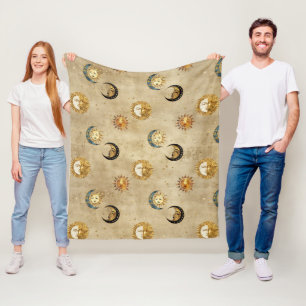 Antique Gold Moon Stars Cosmic Celestial Pattern Fleece Blanket