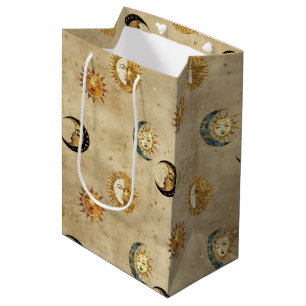 Antique Gold Moon Stars Cosmic Celestial Pattern Medium Gift Bag