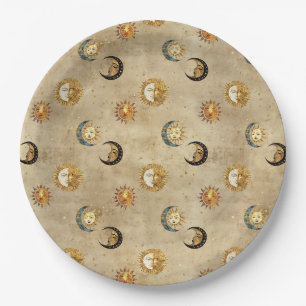 Antique Gold Moon Stars Cosmic Celestial Pattern Paper Plate