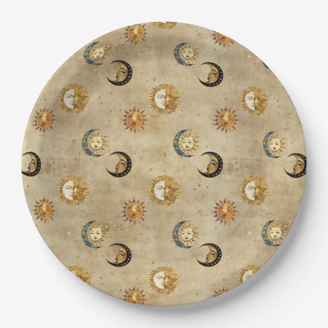 Antique Gold Moon Stars Cosmic Celestial Pattern Paper Plate (Front)