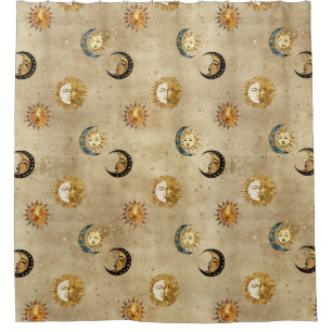 Antique Gold Moon Stars Cosmic Celestial Pattern Shower Curtain