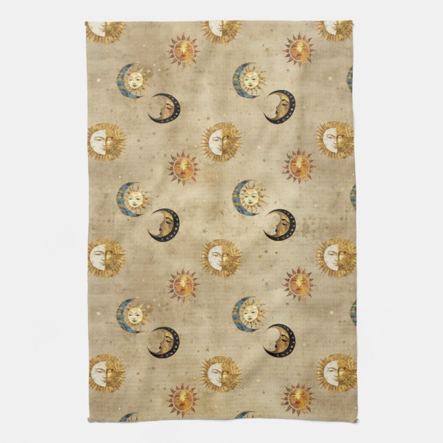 Antique Gold Moon Stars Cosmic Celestial Pattern Tea Towel (Vertical)