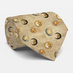 Antique Gold Moon Stars Cosmic Celestial Pattern Tie