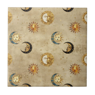 Antique Gold Moon Stars Cosmic Celestial Pattern Tile