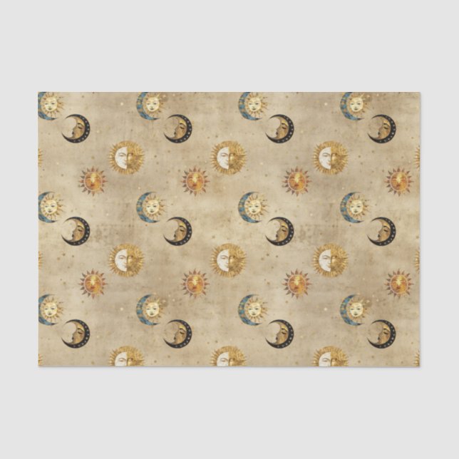 Antique Gold Moon Stars Cosmic Celestial Pattern Tissue Paper (Front)