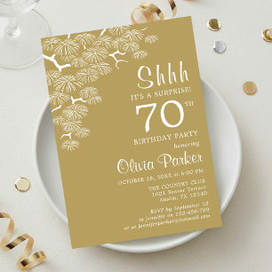 Antique Gold Pine Branch Surprise 70th Birthday Invitation