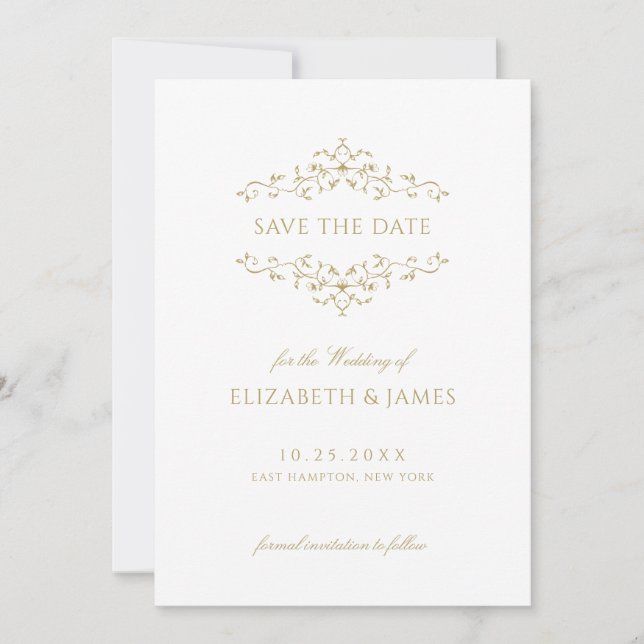Antique Gold Vintage Floral  Save The Date (Front)