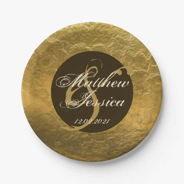 Antique Golden Faux Metal Personalised Name Date Paper Plate (Front)