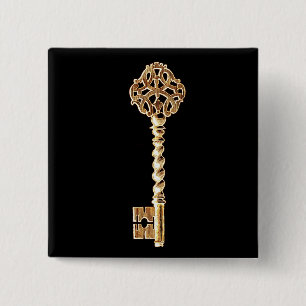 Antique Golden Gold Steampunk Skeleton Key 15 Cm Square Badge