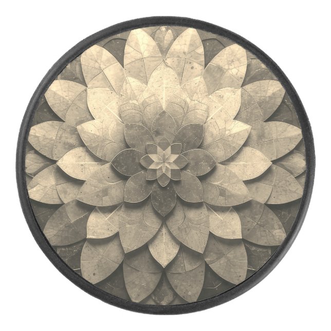 Antique Golden Mandala Art Textured Flower Hockey Puck (Front)