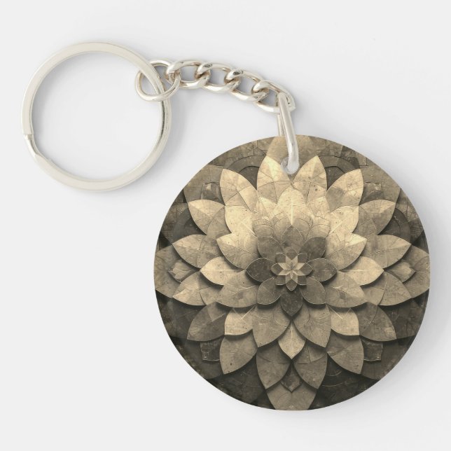 Antique Golden Mandala Art Textured Flower Key Ring (Front)