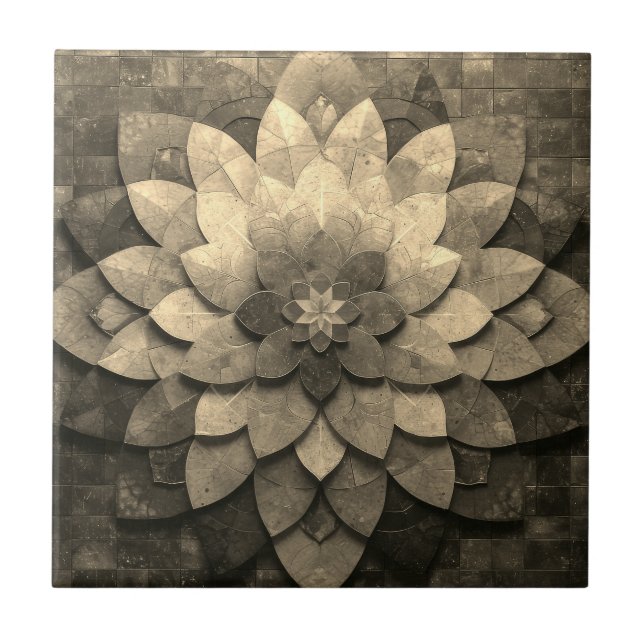 Antique Golden Mandala Art Textured Flower Tile (Front)