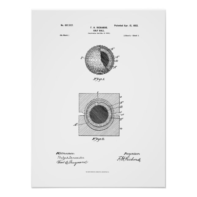 Antique Golf Ball 1902, Patent Drawing Photo Print (Front)
