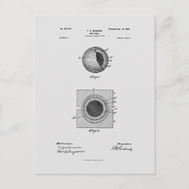 Antique Golf Ball 1902, Patent Drawing Postcard (Front)