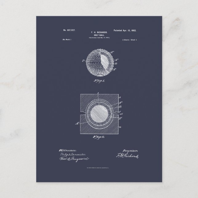 Antique Golf Ball 1902, Patent Drawing Postcard (Front)