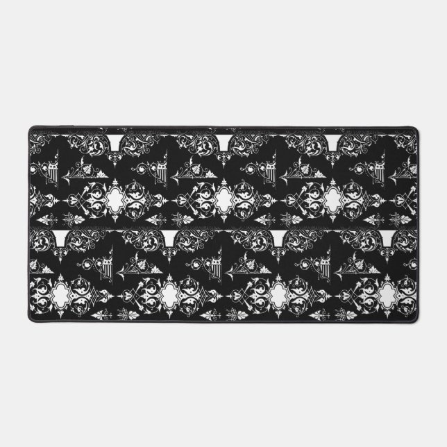 Antique gothic ornate trim decor black white desk mat (Front)
