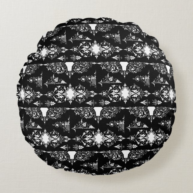Antique gothic ornate trim decor black white round cushion (Front)
