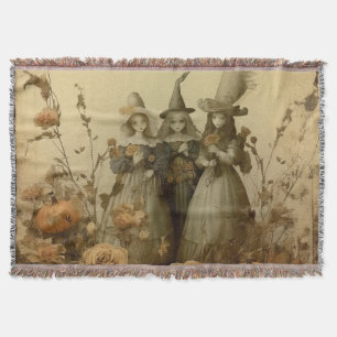 Antique Gothic Witch Trio Autumn Roses Throw Blanket