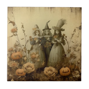 Antique Gothic Witch Trio Autumn Roses Tile