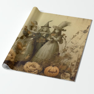 Antique Gothic Witch Trio Autumn Roses Wrapping Paper