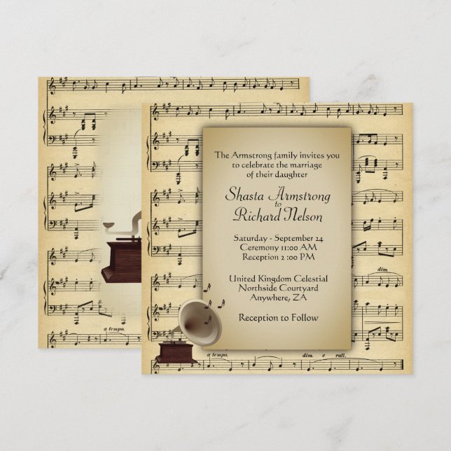 Antique Gramophone Music Wedding Theme Invitation (Front/Back)