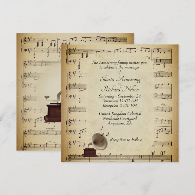 Antique Gramophone Music Wedding Theme Invitation (Front/Back)