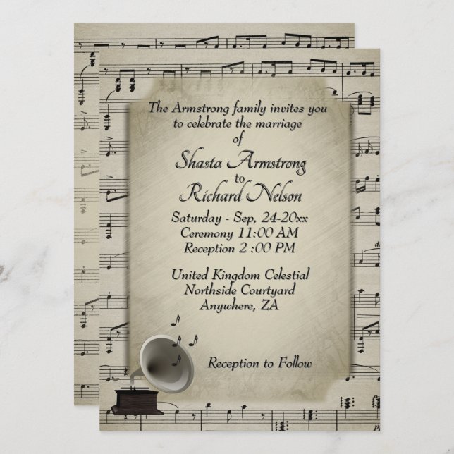 Antique Gramophone Music Wedding Theme Invitation (Front/Back)