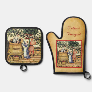 ANTIQUE GRAPE VINEYARD HARVEST PARCHMENT OVEN MITT & POT HOLDER SET
