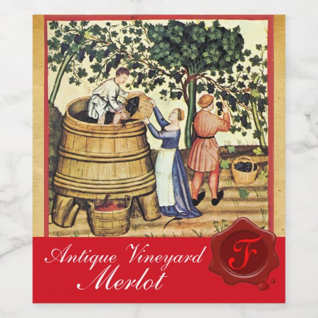 ANTIQUE GRAPE VINEYARD HARVEST WAX SEAL MONOGRAM WINE LABEL (Single Label)