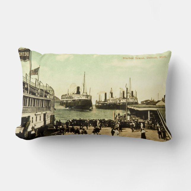 Antique Great Lakes Harbour Scene Detroit Michigan Lumbar Cushion (Front)