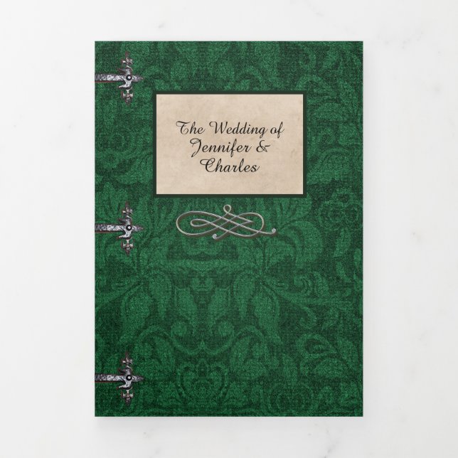 Antique Green Book Fairy Tale Wedding Photo Tri-Fold Invitation (Cover)