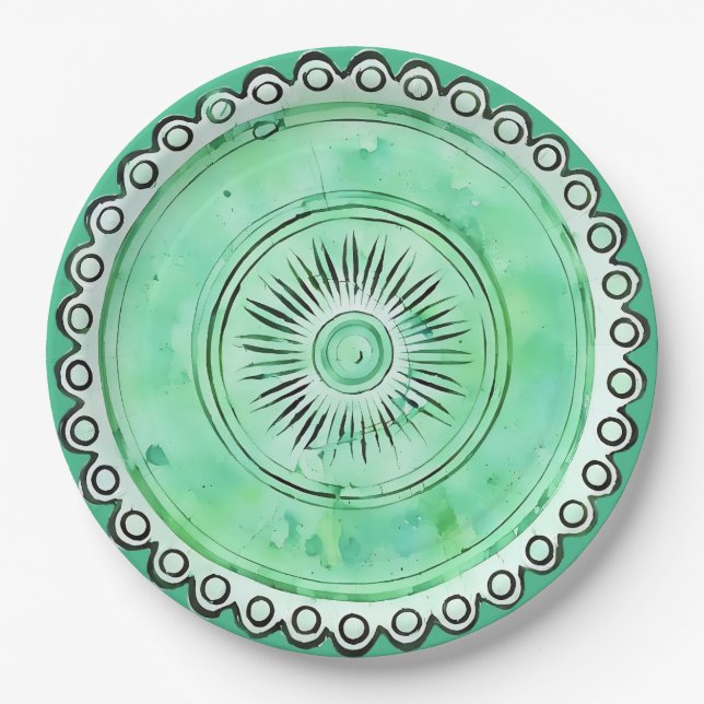 Antique Green Glass Sunburst Faux China Paper Plate (Front)