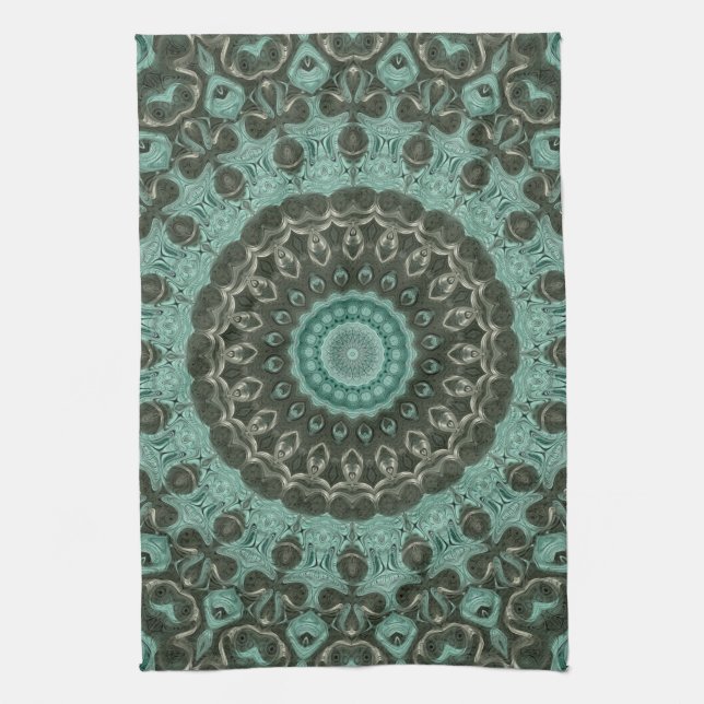 Antique Green Mandala Pattern Design Tea Towel (Vertical)